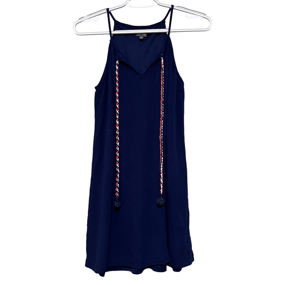 Lily Rose Dress Womens Navy Blue Braided Tassel Pom Pom Shift XS